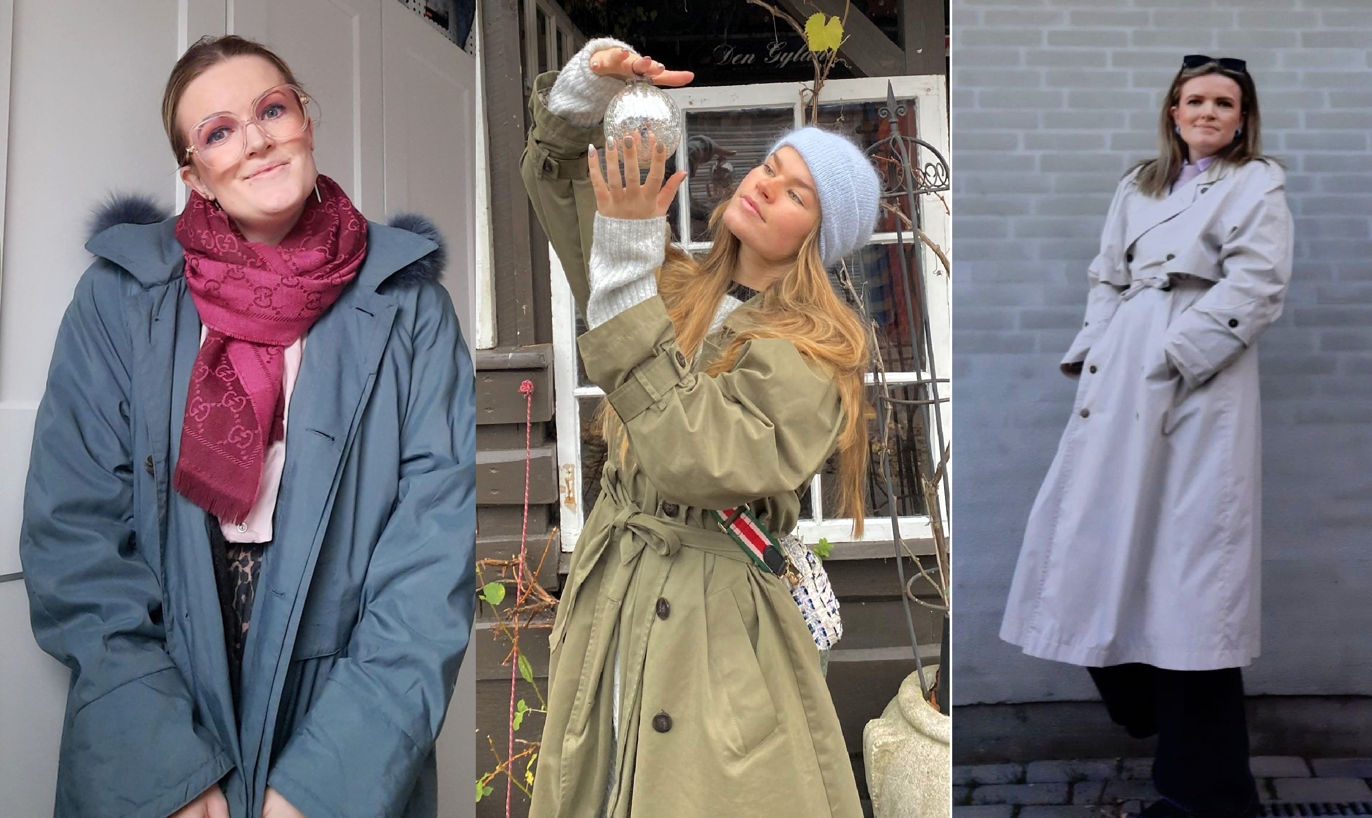 Tre kvinder med henholdsvis en blå trenchcoat, grøn trenchcoat og en hvid trenchcoat
