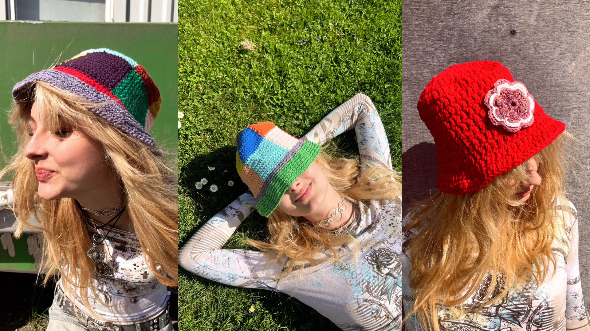Tre piger med bøllehatte i forskellige farver og mønstre fra Røde Kors Genbrug
