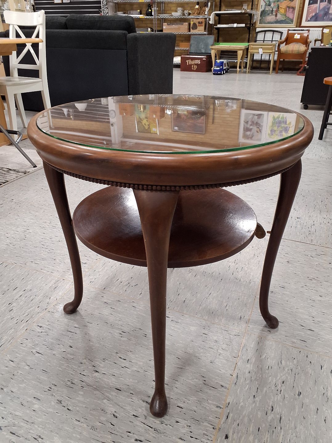 Vintage rundt træbord glas bordplade