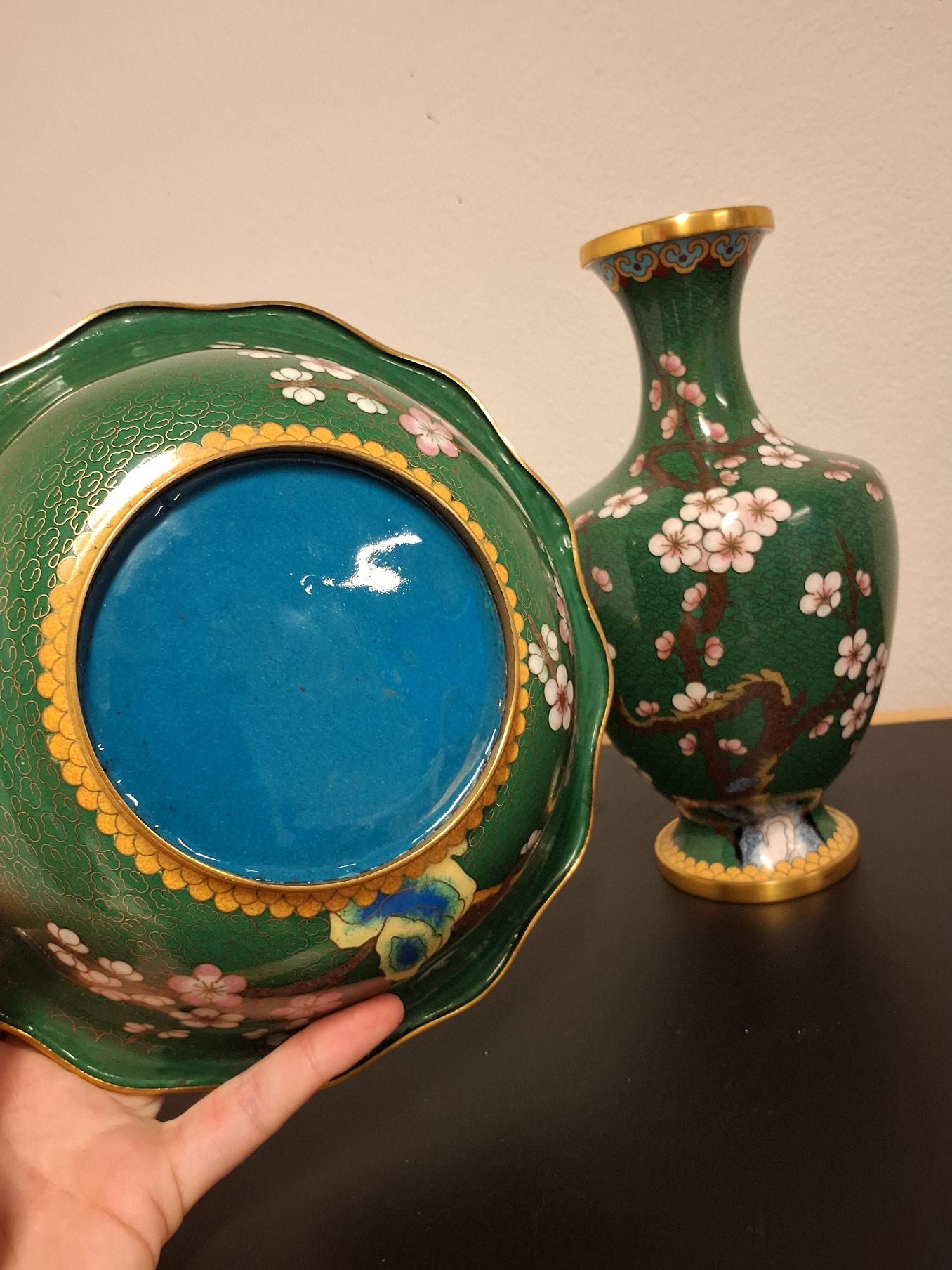 Metal vase og skål emalje