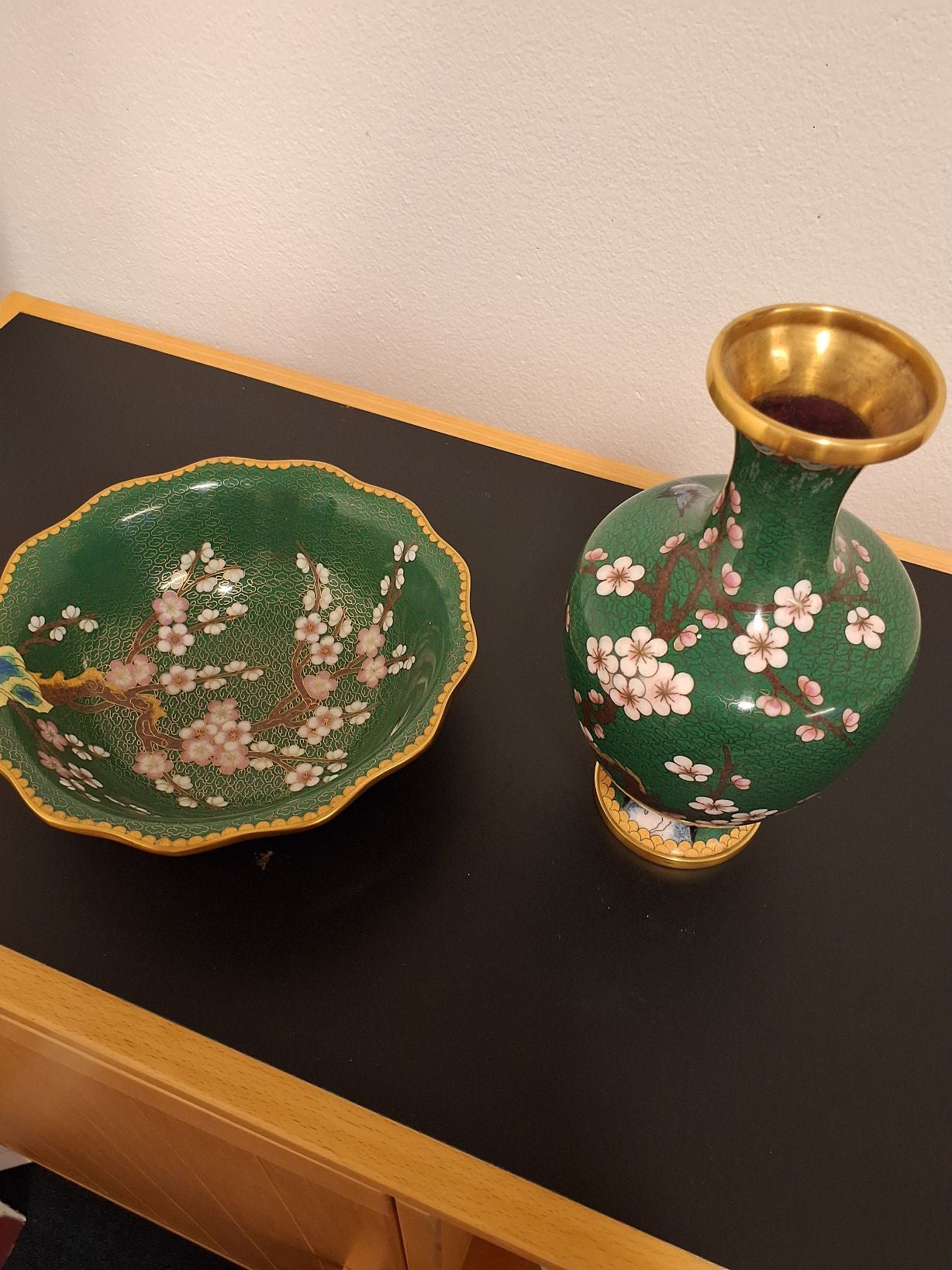 Metal vase og skål emalje
