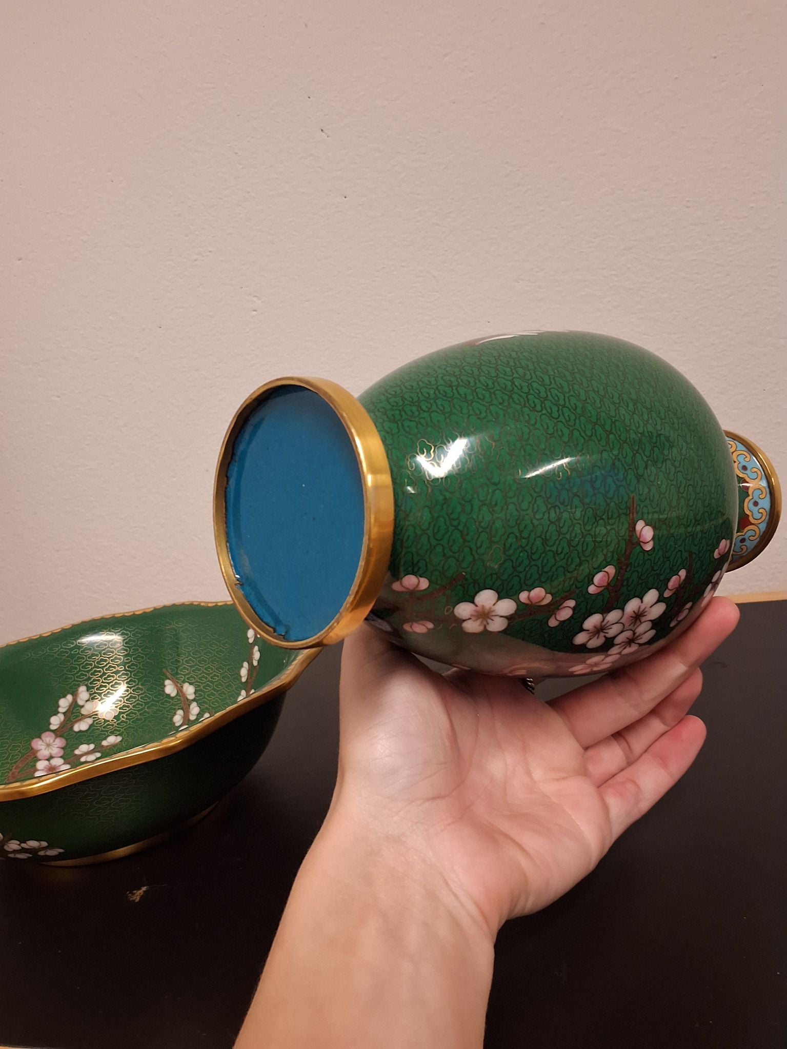 Metal vase og skål emalje