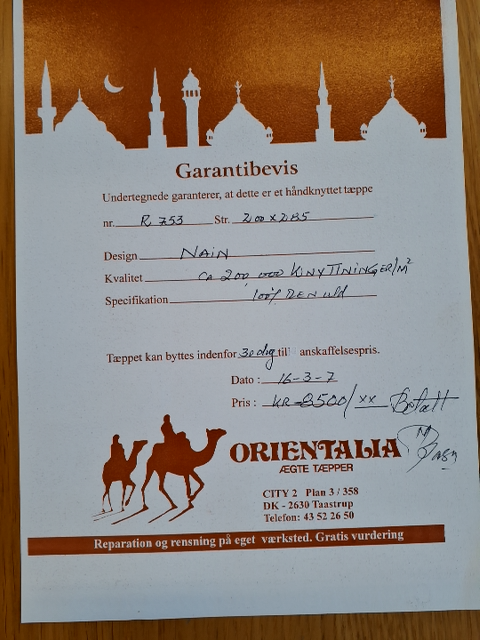 Ægte tæppe med garantibevis